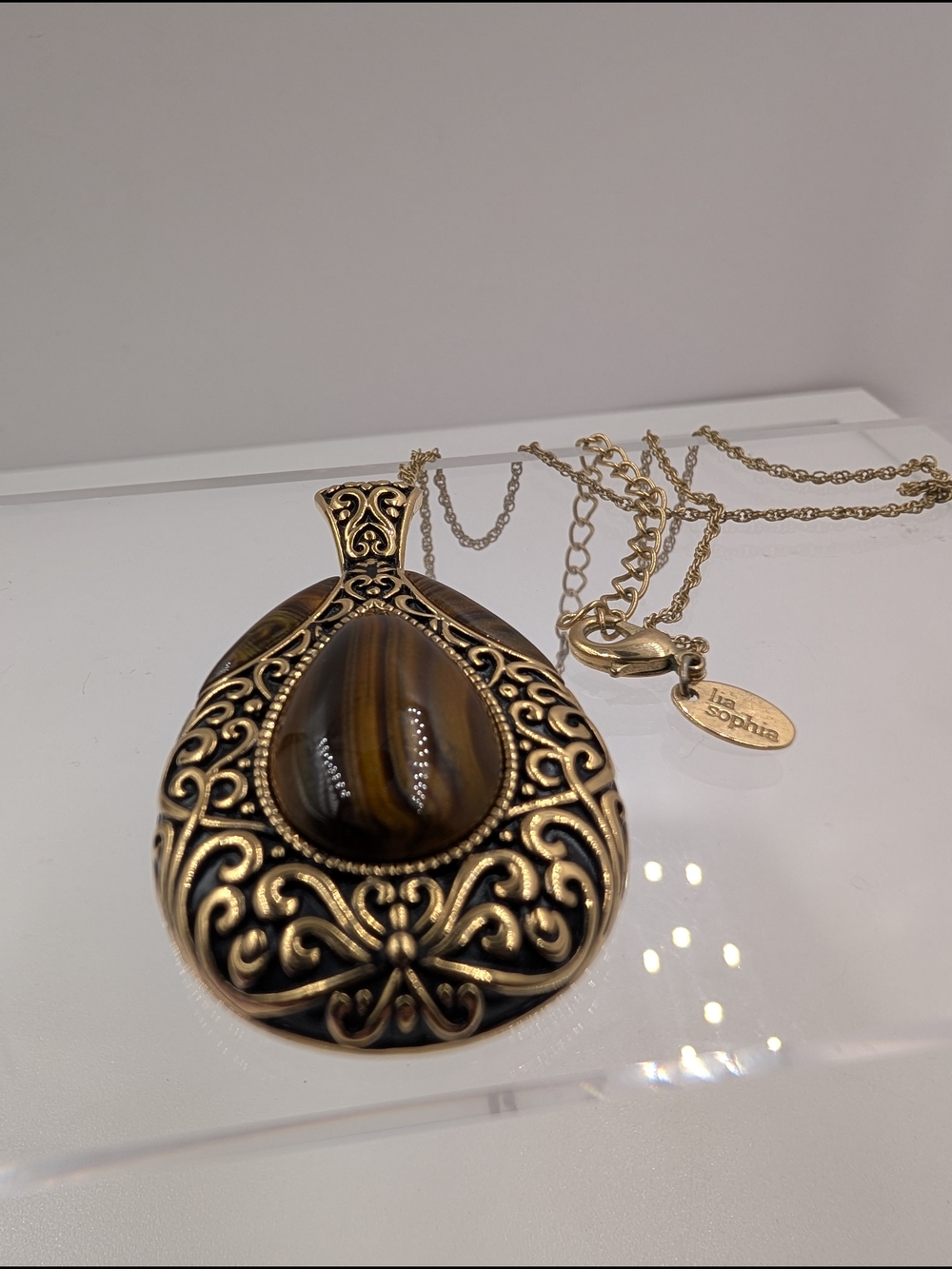 Lia Sophia Tiger's Eye Teardrop Statement Pendant Necklace Antiqued Gold 0217